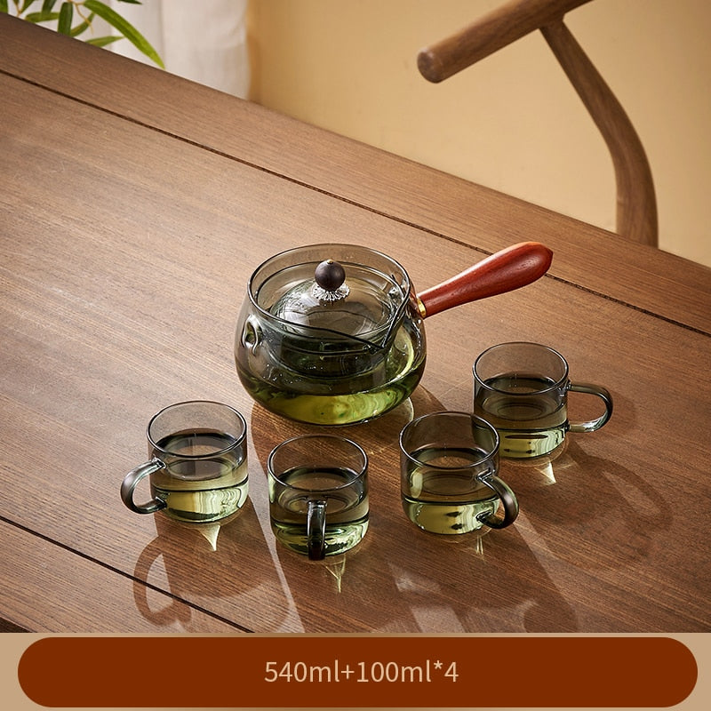 Glas Teekanne mit Holzgriff Chinesische Teezermonie Reiner Tee Kung Fu Tee Transparentes Teewaren-Set Seitenhandgriff Glaswasserkocher