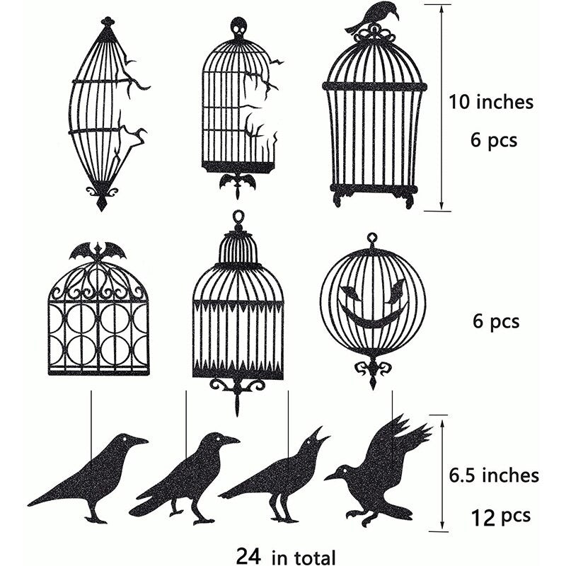 Glitzernde schwarze Krähe Käfig Halloween-Party-Dekorationen für Gothik Halloween-Baumhängedekorationen Raben Vogelkäfig Banner Girlande