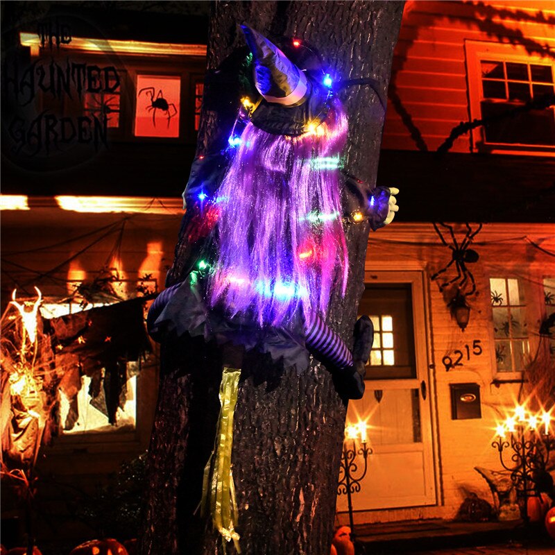 Glow Halloween Hexenpuppe Innenhofhexe, die in Baum kracht, LED Halloween Dekoration Spielzeug, lustige Türveranda Baum Dekoration