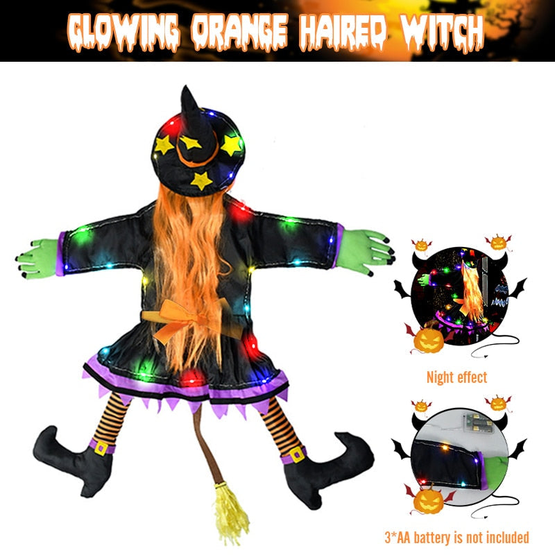 Glow Halloween Hexenpuppe Innenhofhexe, die in Baum kracht, LED Halloween Dekoration Spielzeug, lustige Türveranda Baum Dekoration
