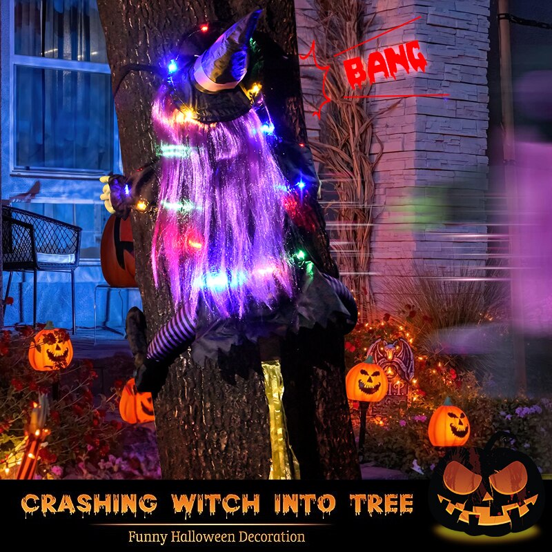Glow Halloween Hexenpuppe Innenhofhexe, die in Baum kracht, LED Halloween Dekoration Spielzeug, lustige Türveranda Baum Dekoration