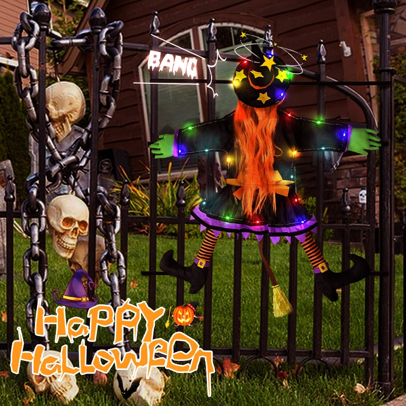 Glow Halloween Hexenpuppe Innenhofhexe, die in Baum kracht, LED Halloween Dekoration Spielzeug, lustige Türveranda Baum Dekoration