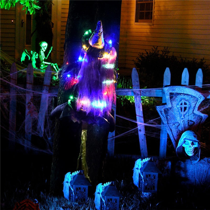 Glow Halloween Hexenpuppe Innenhofhexe, die in Baum kracht, LED Halloween Dekoration Spielzeug, lustige Türveranda Baum Dekoration