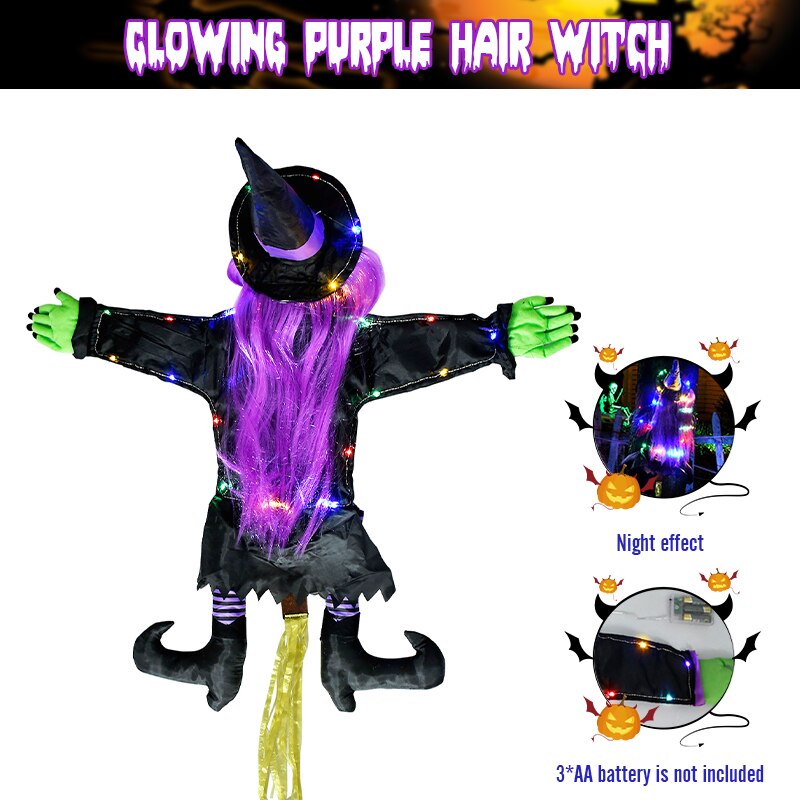Glow Halloween Hexenpuppe Innenhofhexe, die in Baum kracht, LED Halloween Dekoration Spielzeug, lustige Türveranda Baum Dekoration