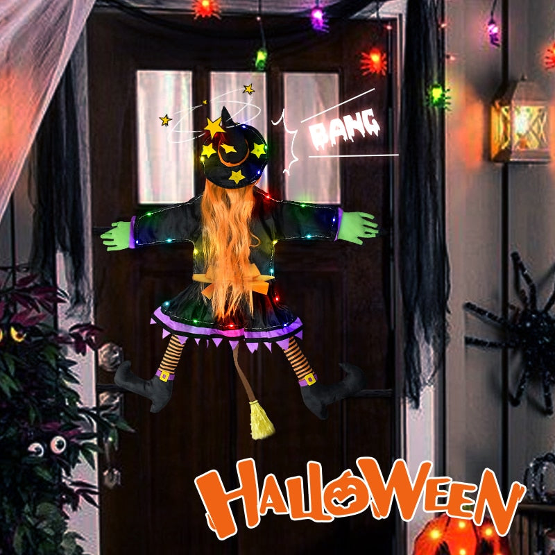 Glow Halloween Hexenpuppe Innenhofhexe, die in Baum kracht, LED Halloween Dekoration Spielzeug, lustige Türveranda Baum Dekoration