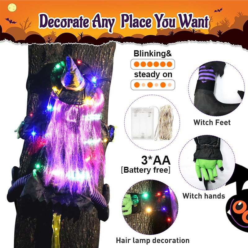 Glow Halloween Hexenpuppe Innenhofhexe, die in Baum kracht, LED Halloween Dekoration Spielzeug, lustige Türveranda Baum Dekoration