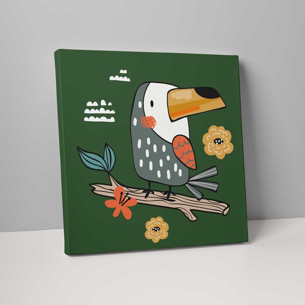 Boho Safari Dschungel Tukan Dunkelgrün und Grau auf Canvas