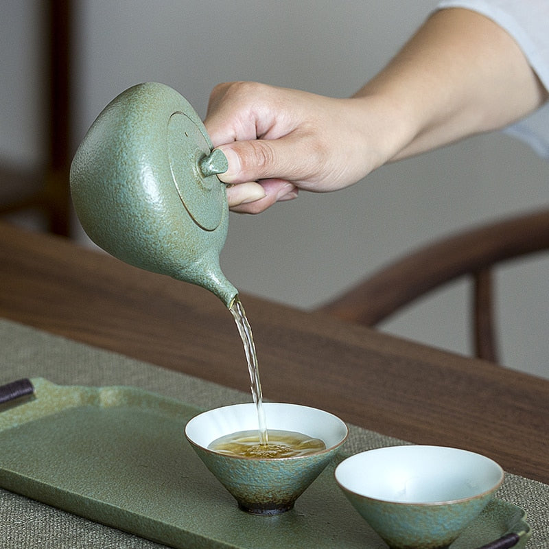 Grüner Keramik Kyusu Teekannen Vintage Chinesische Kung Fu Teekanne Trinkgeschirr