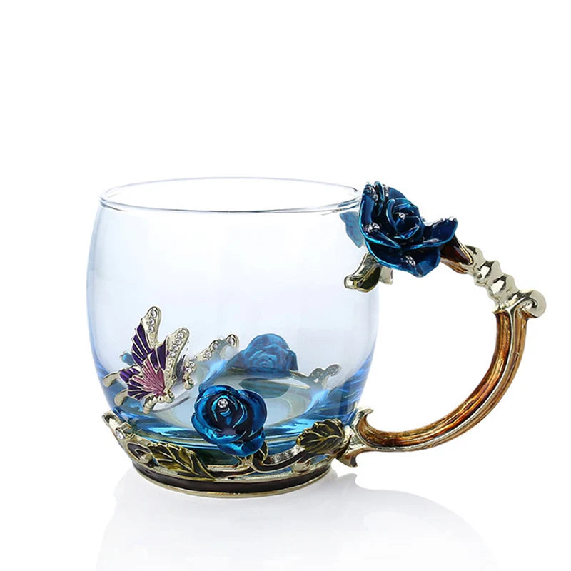 Handgefertigte Emaille Kaffeetassen Rosen-Glas Teetasse mit Stahllöffel Luxus Einzigartige Geschenke für Hochzeit Valentinstag Geburtstagsgeschenke
