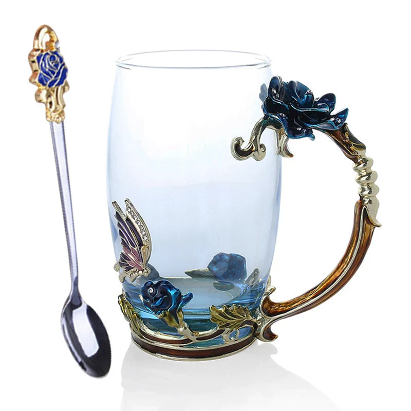 Handgefertigte Emaille Kaffeetassen Rosen-Glas Teetasse mit Stahllöffel Luxus Einzigartige Geschenke für Hochzeit Valentinstag Geburtstagsgeschenke