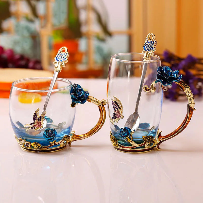 Handgefertigte Emaille Kaffeetassen Rosen-Glas Teetasse mit Stahllöffel Luxus Einzigartige Geschenke für Hochzeit Valentinstag Geburtstagsgeschenke