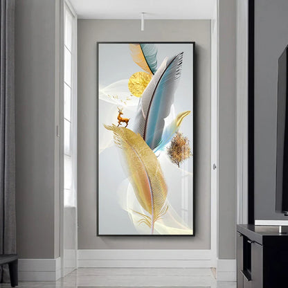 Nordic Abstract Feather Golden Yellow Deer Poster