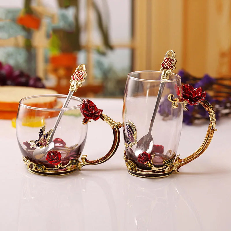 Handgefertigte Emaille Kaffeetassen Rosen-Glas Teetasse mit Stahllöffel Luxus Einzigartige Geschenke für Hochzeit Valentinstag Geburtstagsgeschenke
