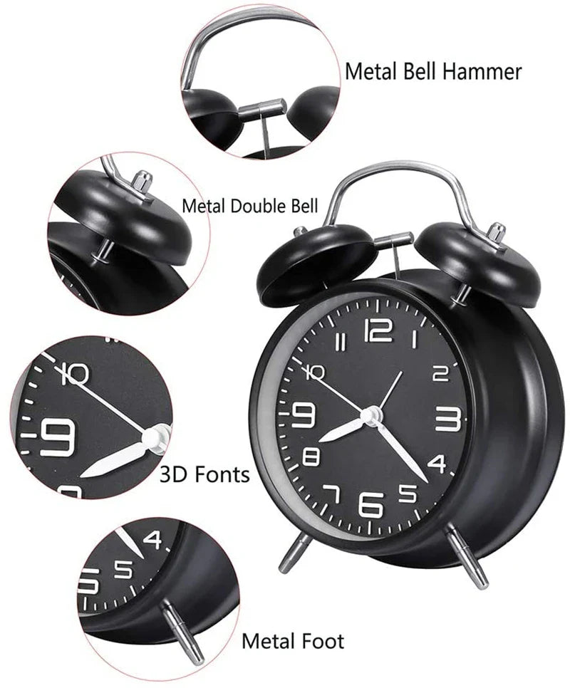4-Zoll Twin Bell Wecker mit Metallrahmen und Hintergrundbeleuchtung