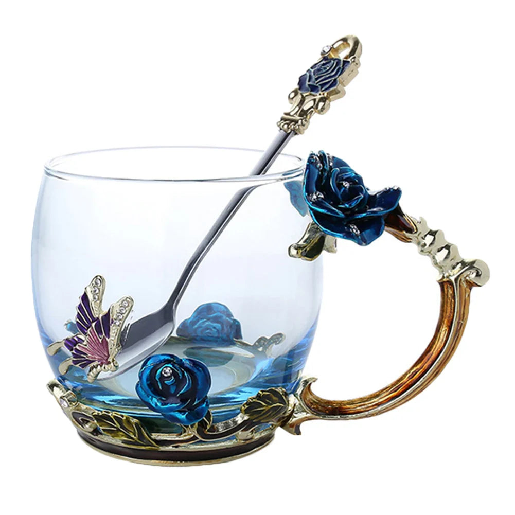 Handgefertigte Emaille Kaffeetassen Rosen-Glas Teetasse mit Stahllöffel Luxus Einzigartige Geschenke für Hochzeit Valentinstag Geburtstagsgeschenke
