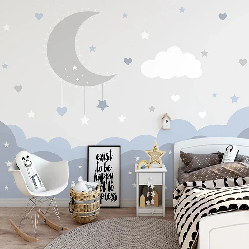 Frendorf | Crescent Moon mit hängenden Sternen und Wolkenlandschaft Kinderzimmer Wandbild Tapete