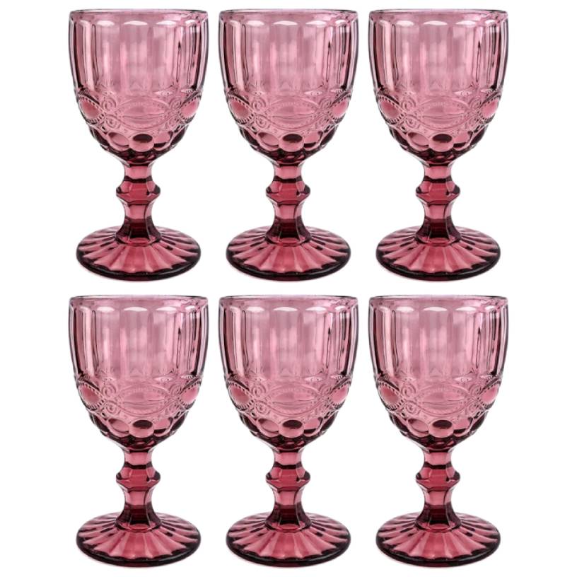 Frendorf | 300ml Pink Victorian Vintage Weinglas Set von 6 - Nachhaltiges Glas, Elegantes Design für Weinliebhaber