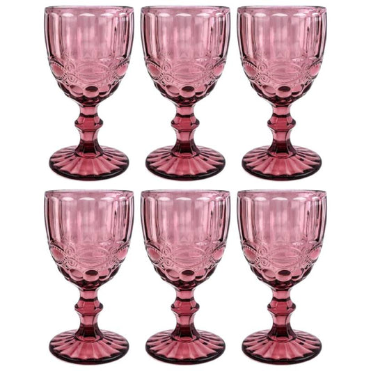 Frendorf | 300ml Pink Victorian Vintage Weinglas Set von 6 - Nachhaltiges Glas, Elegantes Design für Weinliebhaber