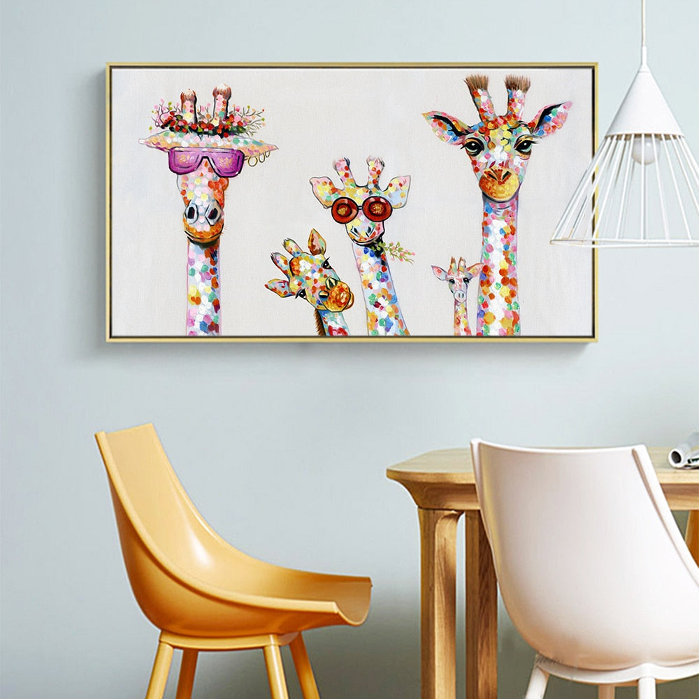 Wandkunst-Leinwanddruck, farbiges Tierbild, Giraffengemälde, Familie für Wohnzimmer, Heimdekoration, ohne Rahmen