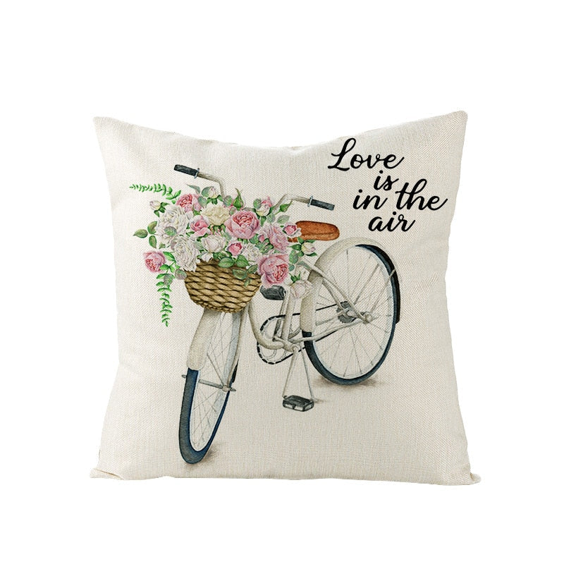 Nordic Style 45x45cm Quadratisches Leinenkissen mit Pinkem Blumenfahrrad-Print - Frühlingsbauernhaus Wohnkissenbezug