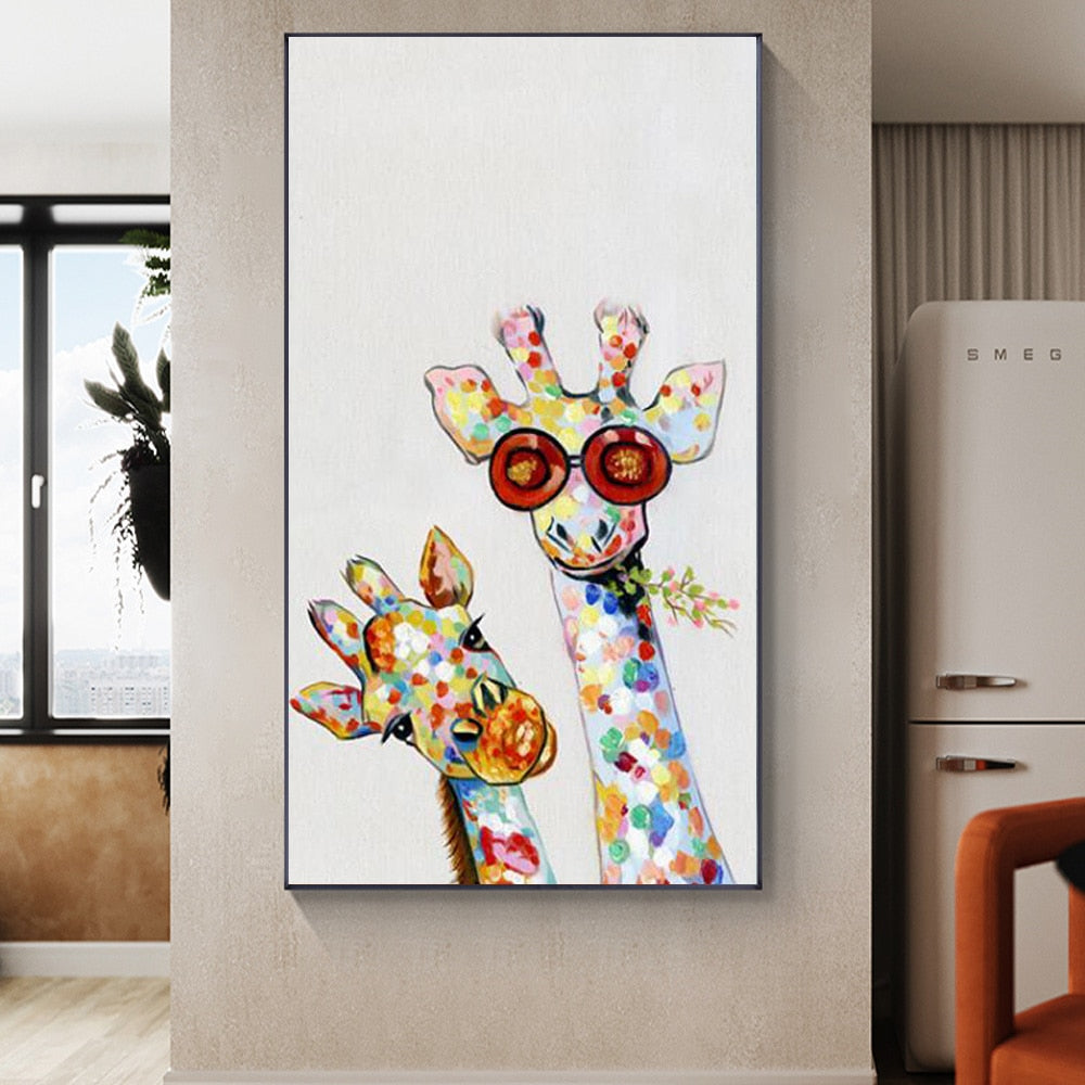 Wandkunst-Leinwanddruck, farbiges Tierbild, Giraffengemälde, Familie für Wohnzimmer, Heimdekoration, ohne Rahmen