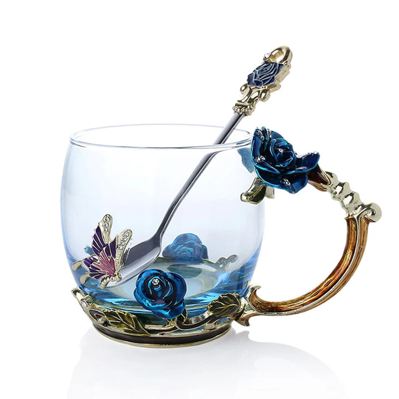 Handgefertigte Emaille Kaffeetassen Rosen-Glas Teetasse mit Stahllöffel Luxus Einzigartige Geschenke für Hochzeit Valentinstag Geburtstagsgeschenke