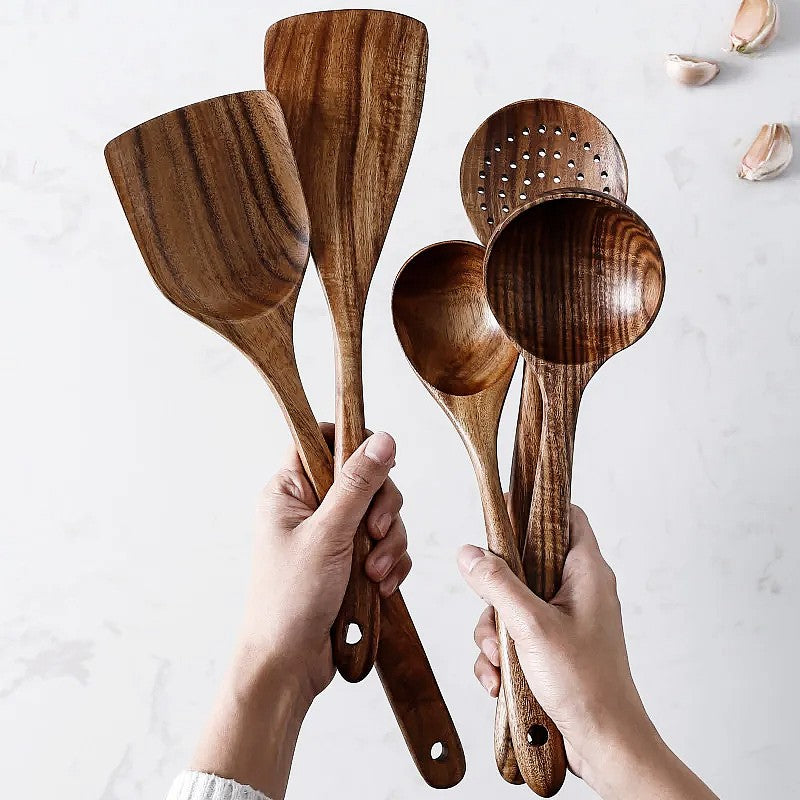 TeakChef 7-teiliges Küchengeräteset – Premium Teak Küchenwerkzeuge für Stil &amp; Funktionalität