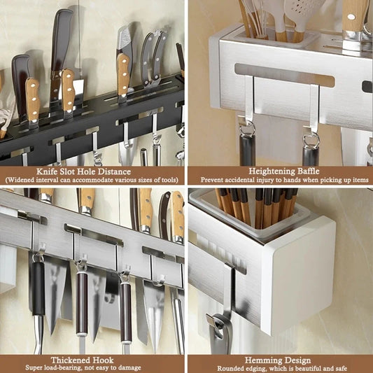 Organisieren Sie Ihre Küche: Edelstahl-Wandmontierter Messerhalter-Regal - Nagelfreies Aufbewahrungsregal mit Haken für Besteck - Schrankorganisator für eine aufgeräumte Küche