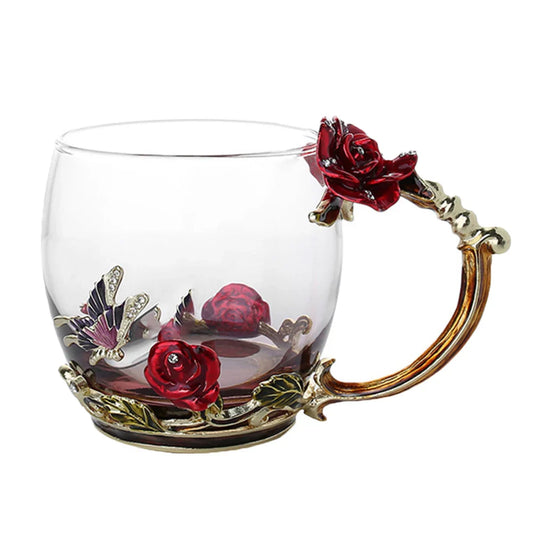 Handgefertigte Emaille Kaffeetassen Rosen-Glas Teetasse mit Stahllöffel Luxus Einzigartige Geschenke für Hochzeit Valentinstag Geburtstagsgeschenke