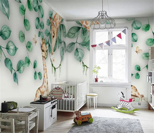 Frendorf | Giraffenfamilie und Blätter Tapete Mural