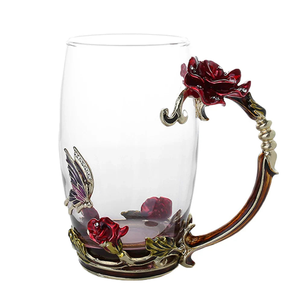 Handgefertigte Emaille Kaffeetassen Rosen-Glas Teetasse mit Stahllöffel Luxus Einzigartige Geschenke für Hochzeit Valentinstag Geburtstagsgeschenke