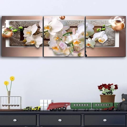5d Volldiamantmalerei abstrakte Orchidee Mosaikstickerei Kreuzstich Blume Triptychon Bild für Wohnzimmer Wohnkultur Kunst