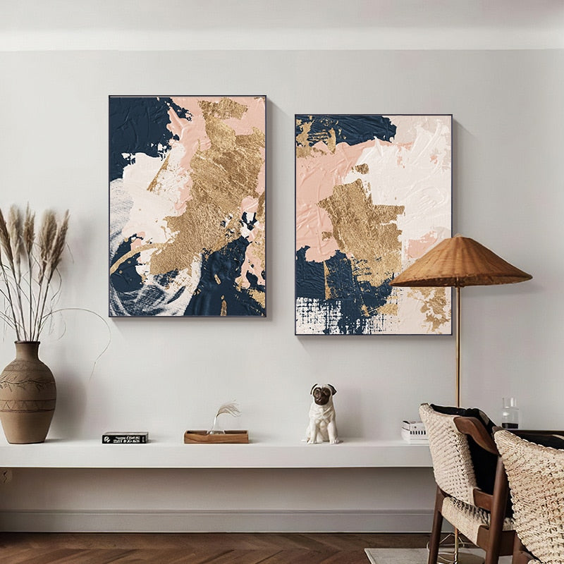 HD Nordic Abstract Wandkunst Handgemalte Ölgemälde in Blau Rosa Gold auf Leinwand