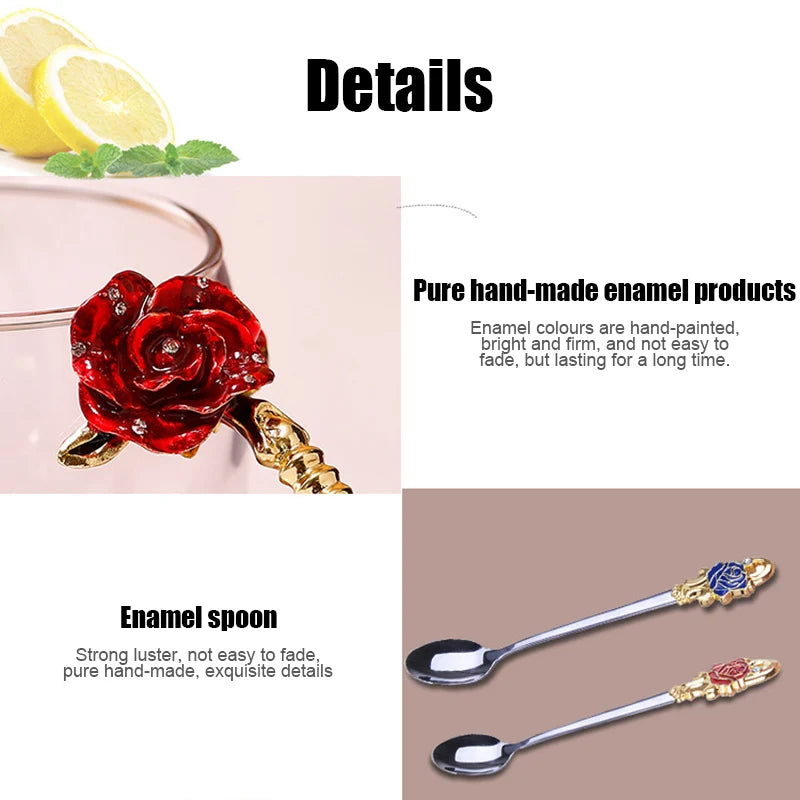 Handgefertigte Emaille Kaffeetassen Rosen-Glas Teetasse mit Stahllöffel Luxus Einzigartige Geschenke für Hochzeit Valentinstag Geburtstagsgeschenke