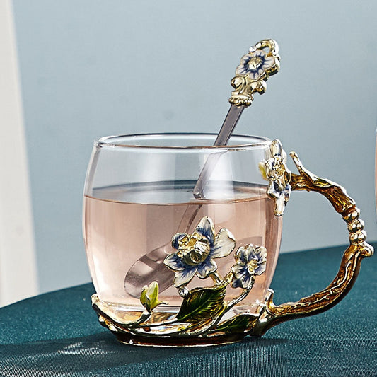 Handgefertigte Emaille-Blumen-Glasmugge für Paare Liebesgeschenk kann Kaffee, aromatisierten Tee oder sogar Zitronensaft servieren in