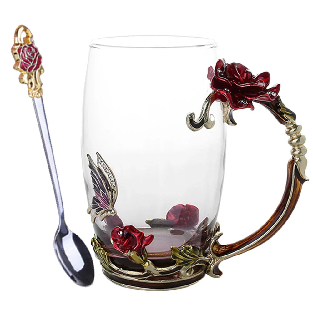 Handgefertigte Emaille Kaffeetassen Rosen-Glas Teetasse mit Stahllöffel Luxus Einzigartige Geschenke für Hochzeit Valentinstag Geburtstagsgeschenke