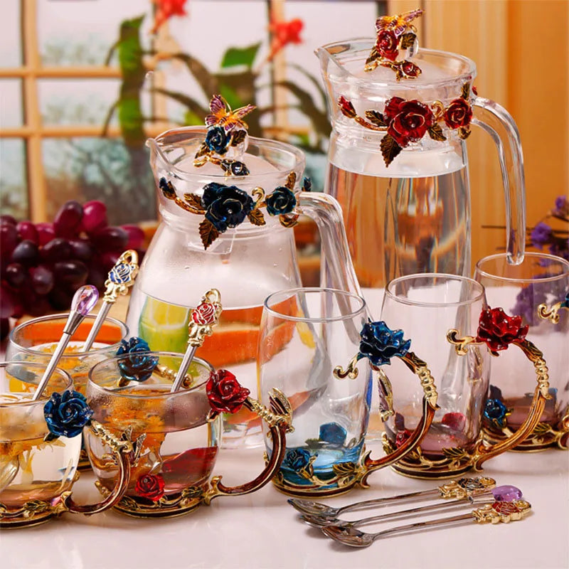 Handgefertigte Emaille Kaffeetassen Rosen-Glas Teetasse mit Stahllöffel Luxus Einzigartige Geschenke für Hochzeit Valentinstag Geburtstagsgeschenke