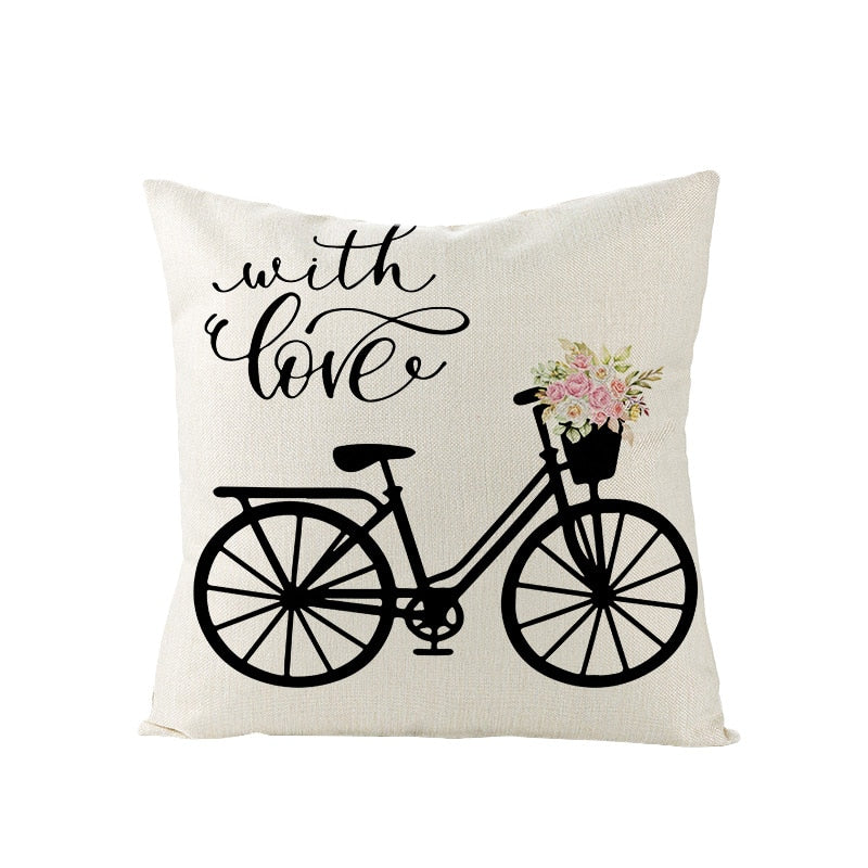 Nordic Style 45x45cm Quadratisches Leinenkissen mit Pinkem Blumenfahrrad-Print - Frühlingsbauernhaus Wohnkissenbezug