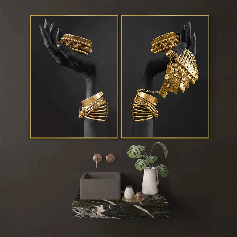Afrikanische Frau Wandmalerei Kunstposter und Drucke große schwarze Frau mit goldenen Schmuck Leinwandbild für Wohnzimmer Dekor