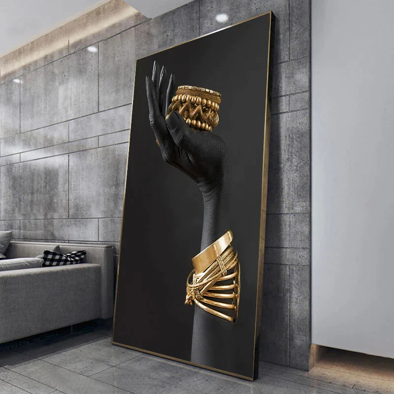 Afrikanische Frau Wandmalerei Kunstposter und Drucke große schwarze Frau mit goldenen Schmuck Leinwandbild für Wohnzimmer Dekor