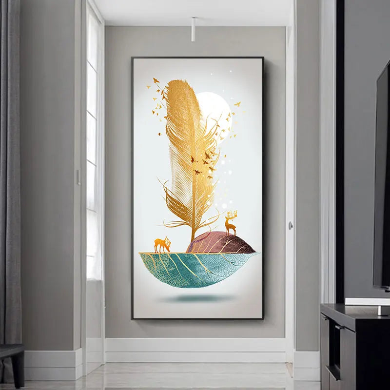 Nordic Abstract Feather Golden Yellow Deer Poster