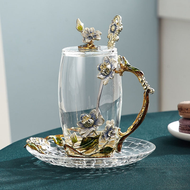 Handgefertigte Emaille-Blumen-Glasmugge für Paare Liebesgeschenk kann Kaffee, aromatisierten Tee oder sogar Zitronensaft servieren in