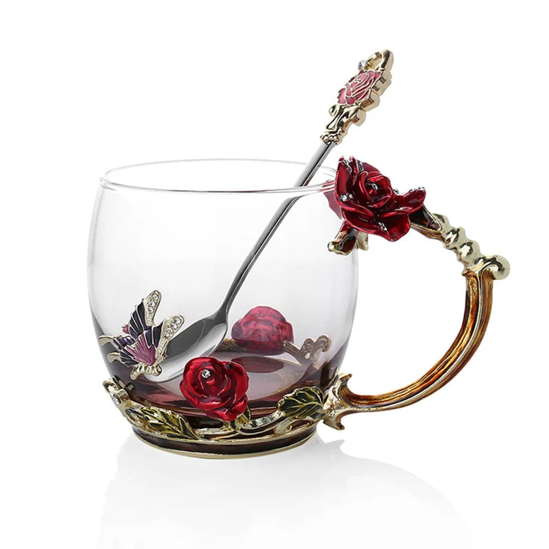 Handgefertigte Emaille Kaffeetassen Rosen-Glas Teetasse mit Stahllöffel Luxus Einzigartige Geschenke für Hochzeit Valentinstag Geburtstagsgeschenke