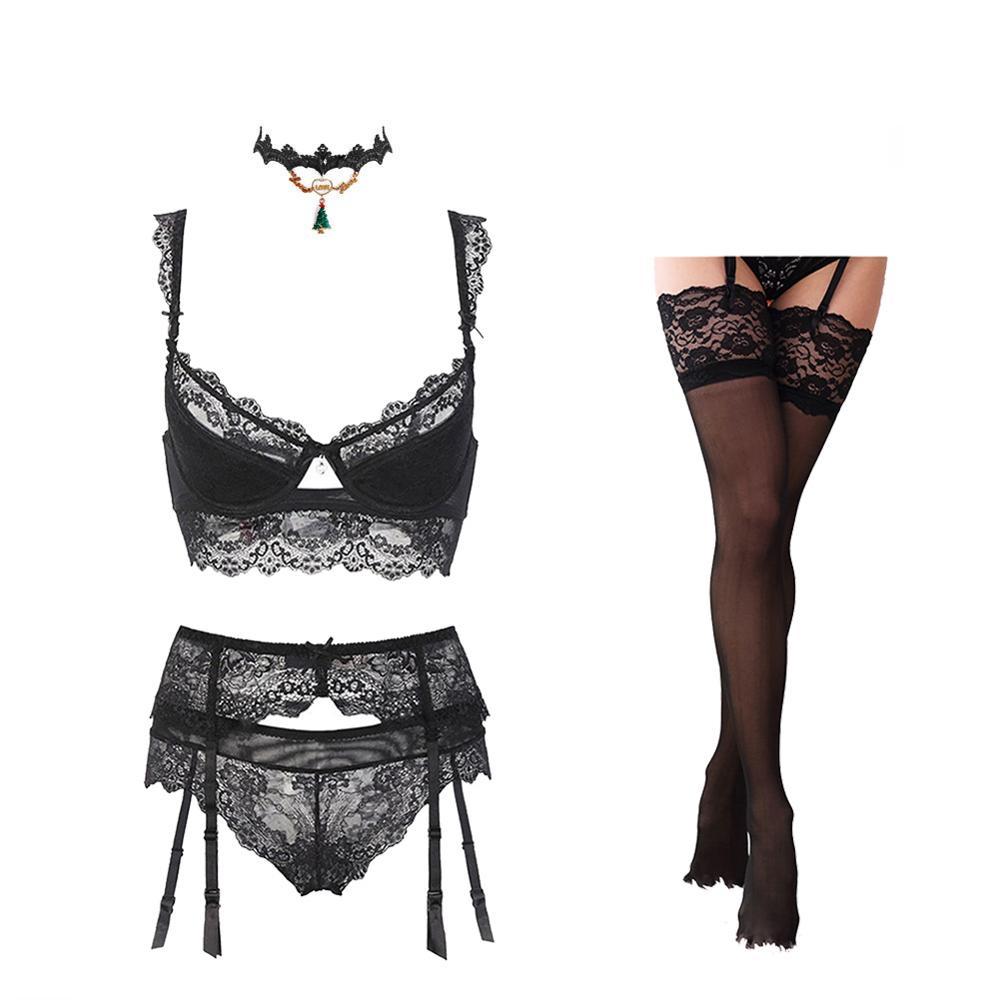Spitzen Unterwäsche Set Push-Up Bh Höschen Strümpfe & Halsband