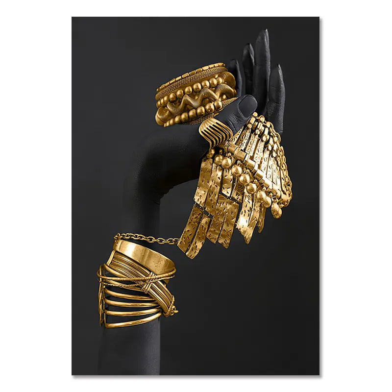 Afrikanische Frau Wandmalerei Kunstposter und Drucke große schwarze Frau mit goldenen Schmuck Leinwandbild für Wohnzimmer Dekor