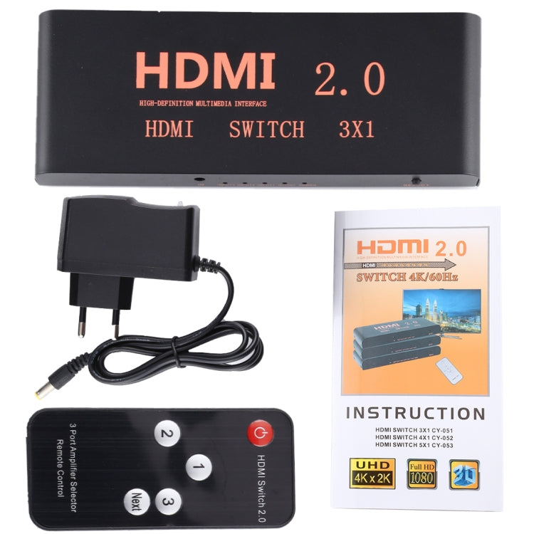 Frendorf | 3X1 4K/60Hz HDMI 2.0 Switch mit Fernbedienung, EU-Stecker