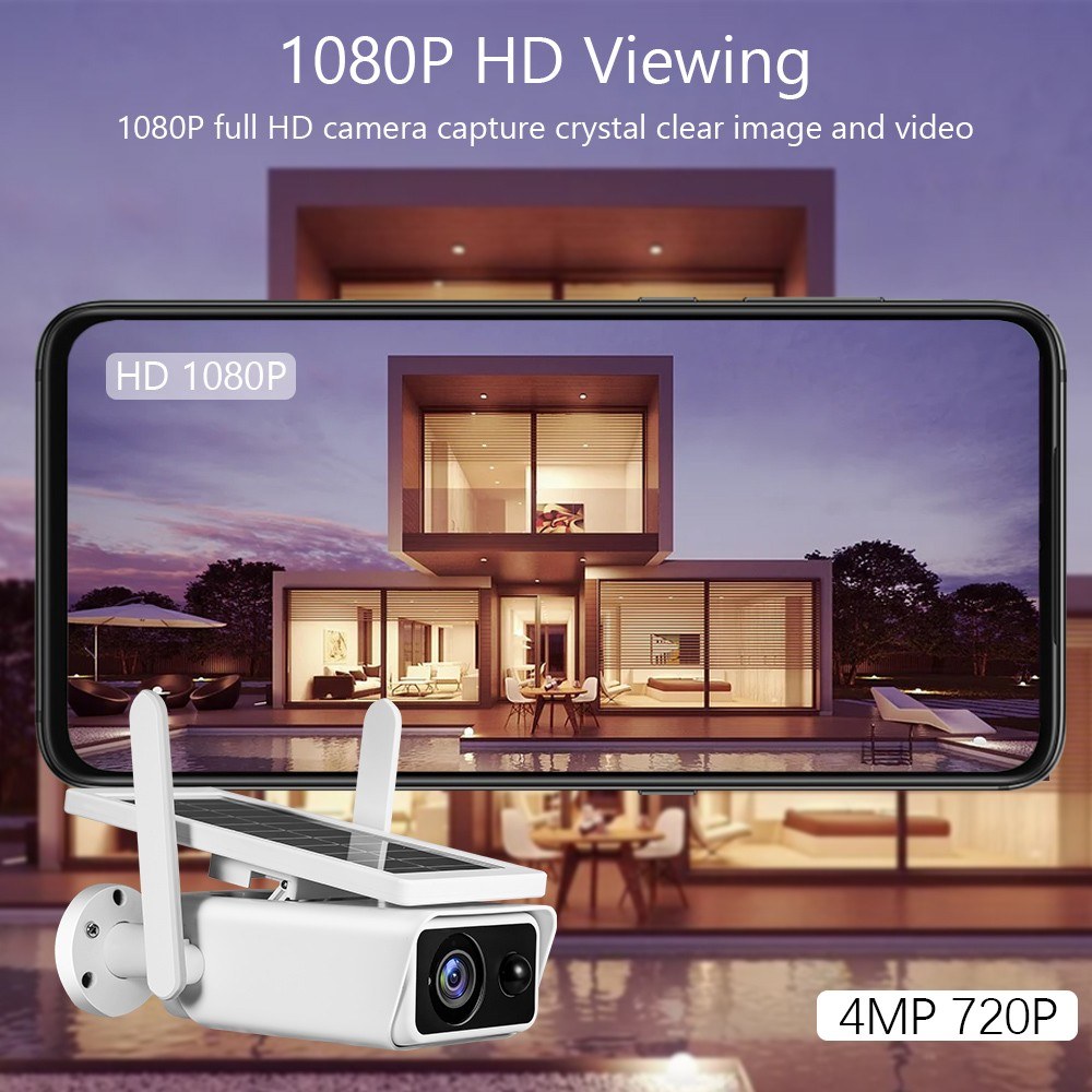 4MP Wireless Solar-Sicherheitskamera mit wiederaufladbarem Akku, Nachtsicht, PIR-Bewegungserkennung, 2-Wege-Audio, IP66 wasserdicht