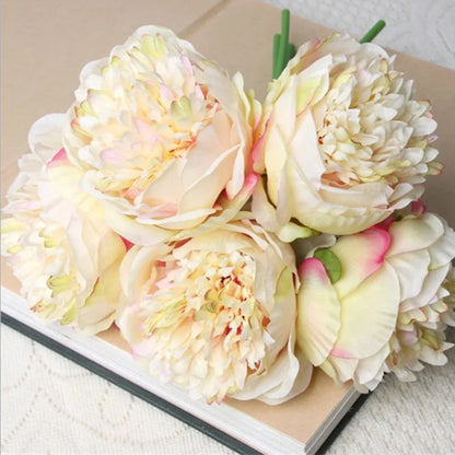 5er Set Große Pfingstrose Seidenblumenstrauß - Weiß & Pink