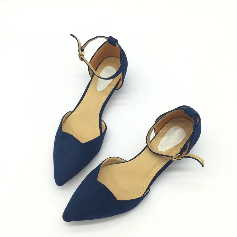 Frendorf | Frauen Schnalle Riemen Niedrig Absätze Pumps Spitz Zehe Flock D'Orsay Absätze Schuhe Einzelschuh Blau