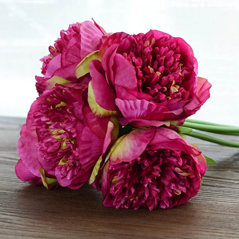 5er Set Große Pfingstrose Seidenblumenstrauß - Weiß & Pink
